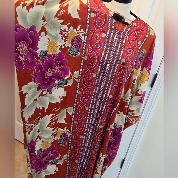 NATORI CAFTAN PINK ORANGE YELLOW ORIENTAL FLOWERS PAISLEY NIGHTGOWN LEISURE S - Picture 1 of 12